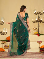 Emerald Green Designer Fendy Satin Saree with Heavy Embroidered Border | Premium Festive Party Wear Saree with Intricate Embroidery & Matching Blouse