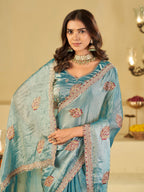 Sky Blue Designer Fendy Satin Saree with Embroidered Leaf Motifs & Heavy Lace Border | Elegant Festive Party Wear Saree with Matching Blouse