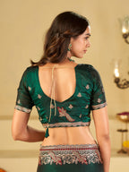 Emerald Green Designer Fendy Satin Saree with Heavy Embroidered Border | Premium Festive Party Wear Saree with Intricate Embroidery & Matching Blouse