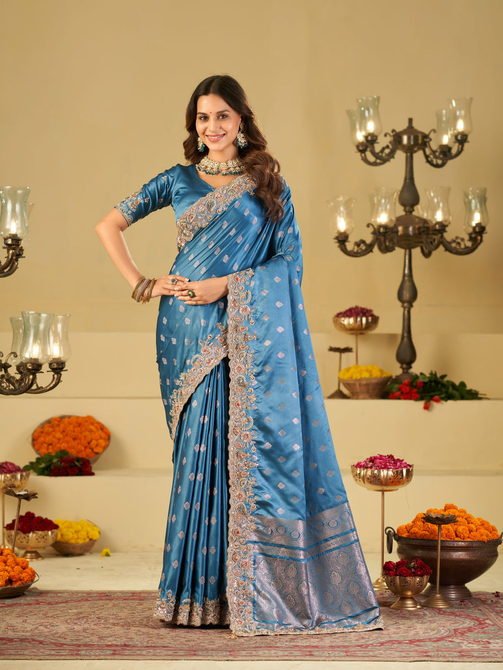 Steel Blue Banarasi Silk Saree with Heavy Embroidered Border & Rich Zari Woven Pallu | Designer Festive Wedding Saree