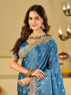 Steel Blue Banarasi Silk Saree with Heavy Embroidered Border & Rich Zari Woven Pallu | Designer Festive Wedding Saree