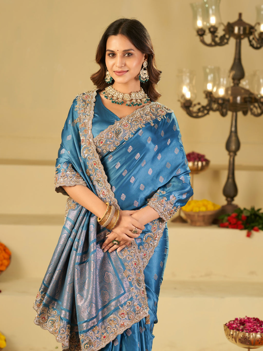 Steel Blue Banarasi Silk Saree with Heavy Embroidered Border & Rich Zari Woven Pallu | Designer Festive Wedding Saree