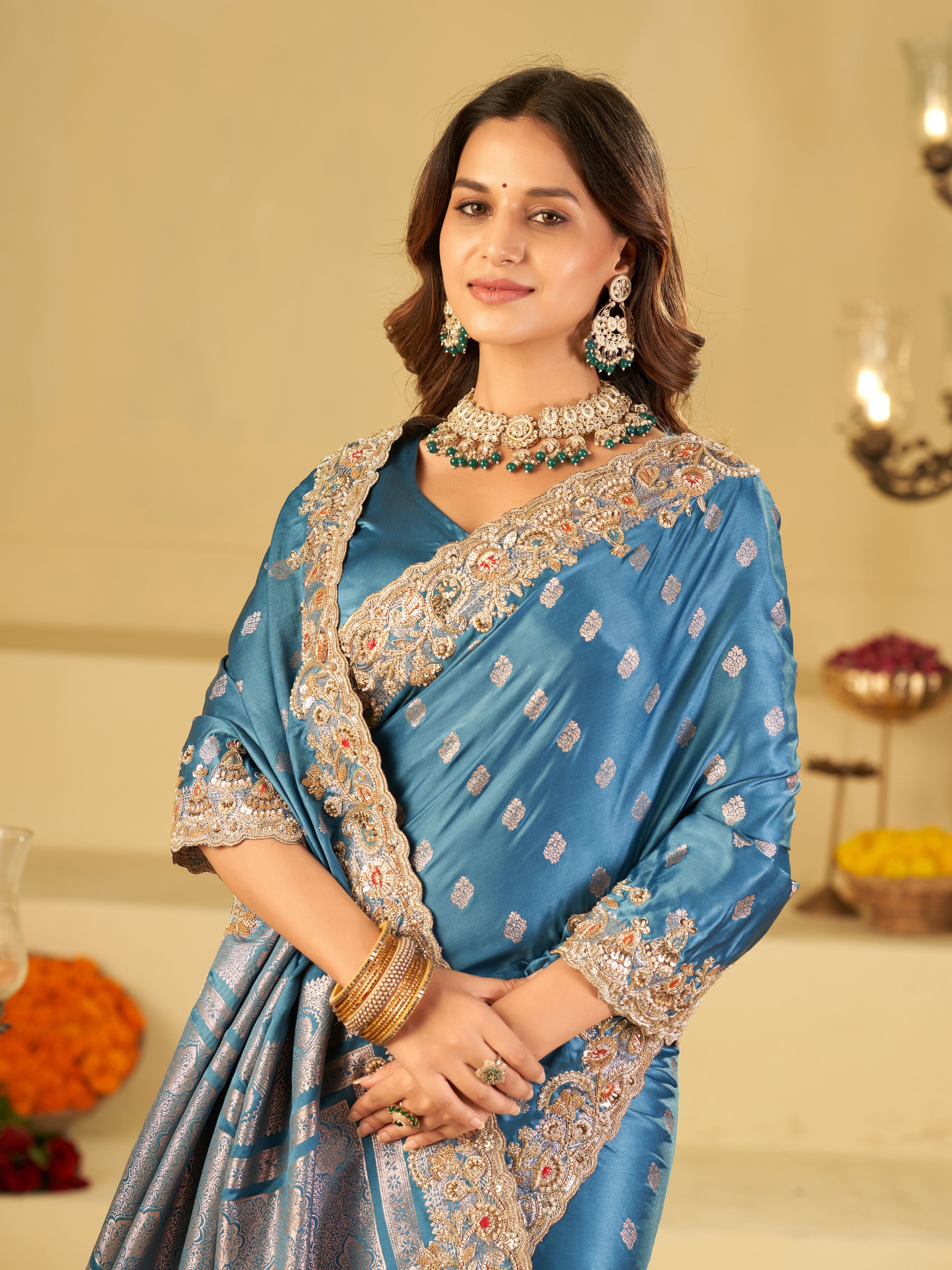 Steel Blue Banarasi Silk Saree with Heavy Embroidered Border & Rich Zari Woven Pallu | Designer Festive Wedding Saree