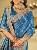 Steel Blue Banarasi Silk Saree with Heavy Embroidered Border & Rich Zari Woven Pallu | Designer Festive Wedding Saree