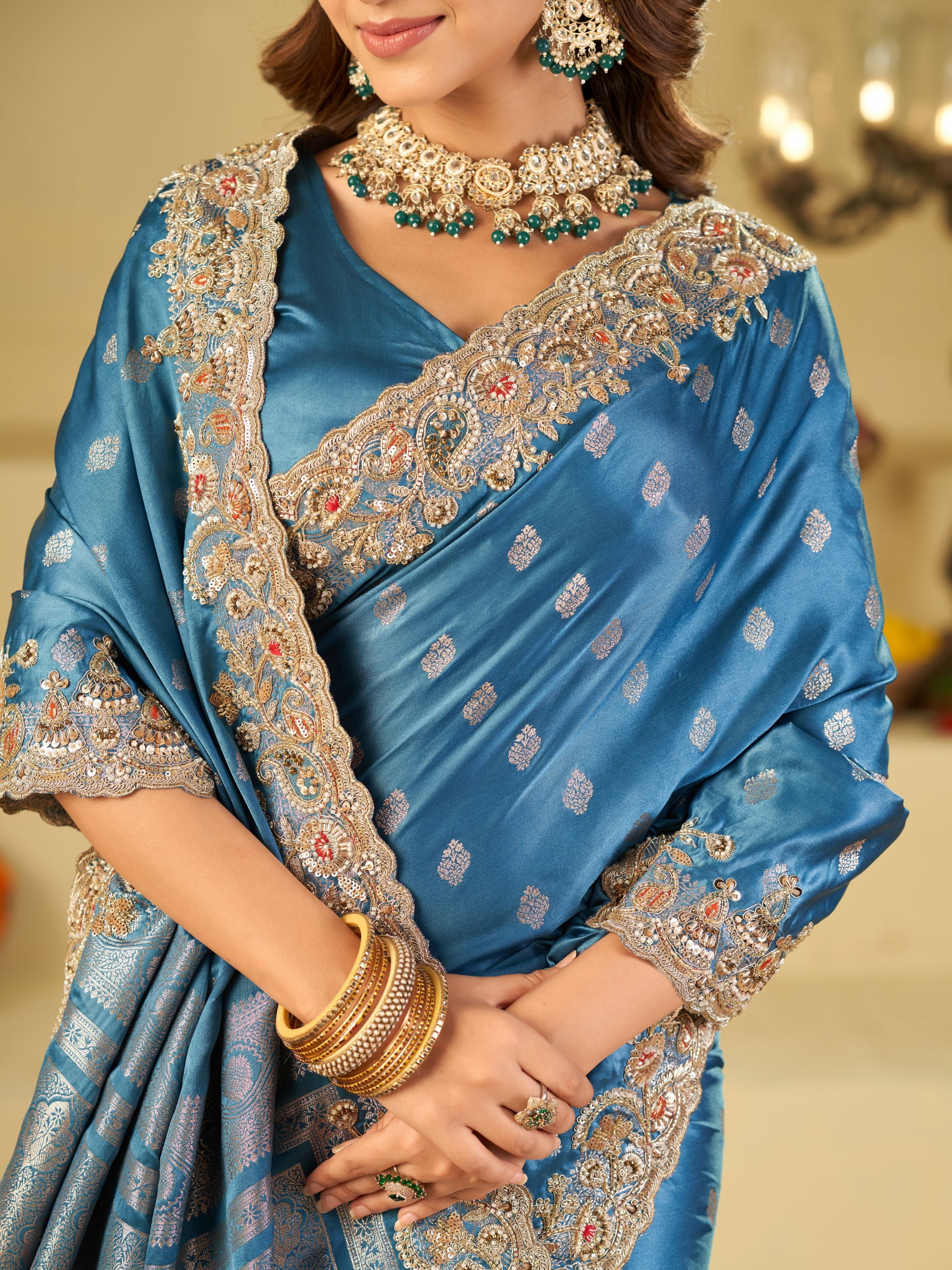 Steel Blue Banarasi Silk Saree with Heavy Embroidered Border & Rich Zari Woven Pallu | Designer Festive Wedding Saree