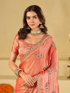 Peach Pink Designer Fendy Satin Saree with Embroidered Peacock Feather Motifs & Elegant Lace Border | Premium Festive Party Wear Saree