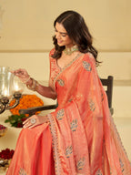 Peach Pink Designer Fendy Satin Saree with Embroidered Peacock Feather Motifs & Elegant Lace Border | Premium Festive Party Wear Saree