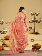 Peach Pink Designer Fendy Satin Saree with Embroidered Peacock Feather Motifs & Elegant Lace Border | Premium Festive Party Wear Saree