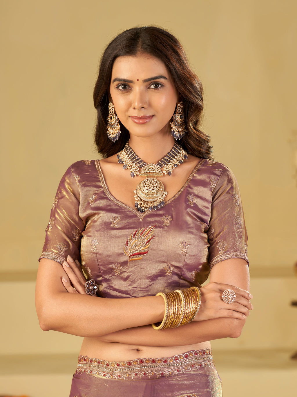 Lavender Designer Fendy Satin Saree with Embroidered Leaf Motifs & Elegant Lace Border | Premium Festive Party Wear Saree with Matching Blouse