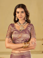 Lavender Designer Fendy Satin Saree with Embroidered Leaf Motifs & Elegant Lace Border | Premium Festive Party Wear Saree with Matching Blouse