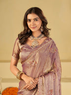 Lavender Designer Fendy Satin Saree with Embroidered Leaf Motifs & Elegant Lace Border | Premium Festive Party Wear Saree with Matching Blouse