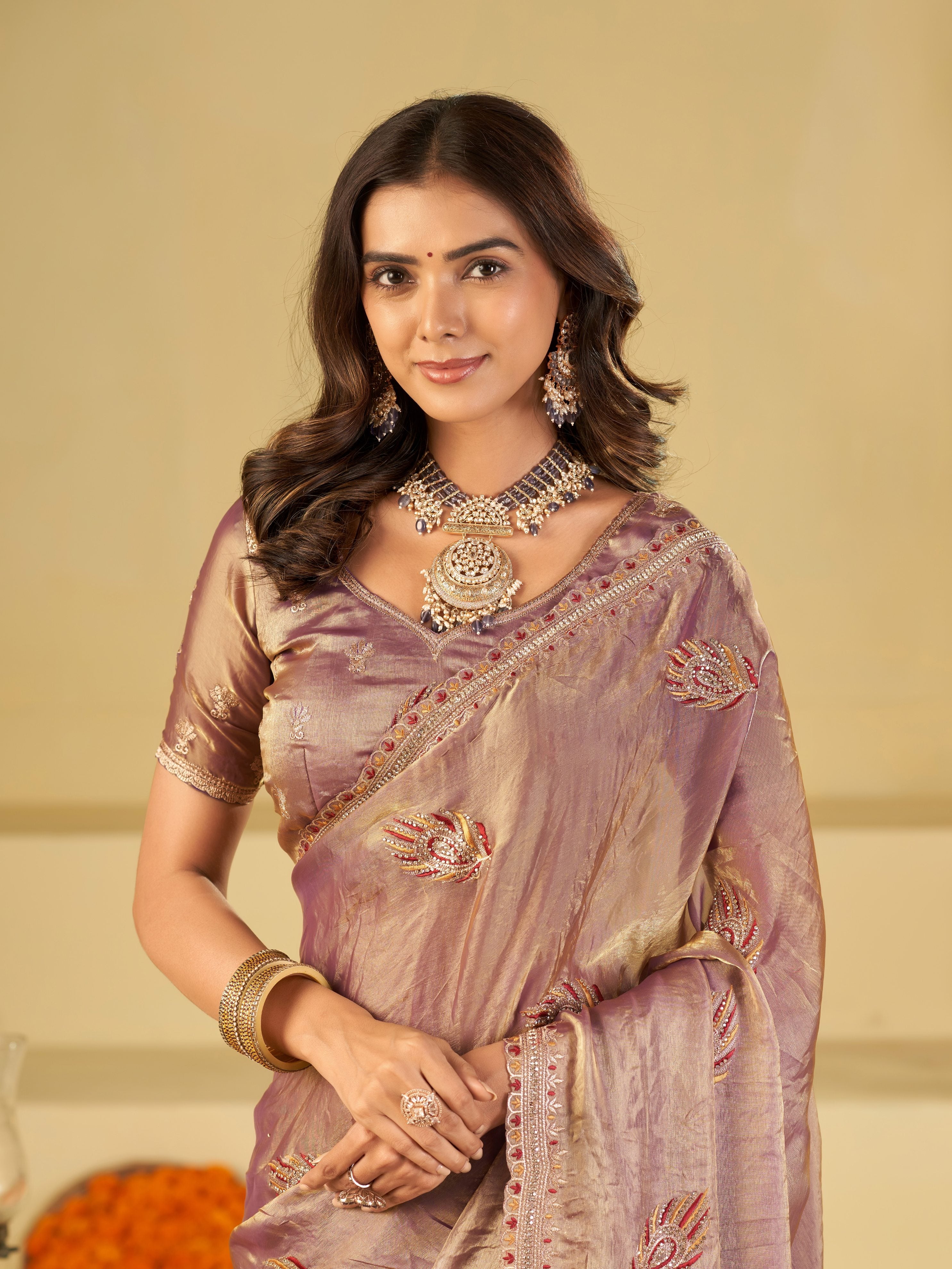 Lavender Designer Fendy Satin Saree with Embroidered Leaf Motifs & Elegant Lace Border | Premium Festive Party Wear Saree with Matching Blouse