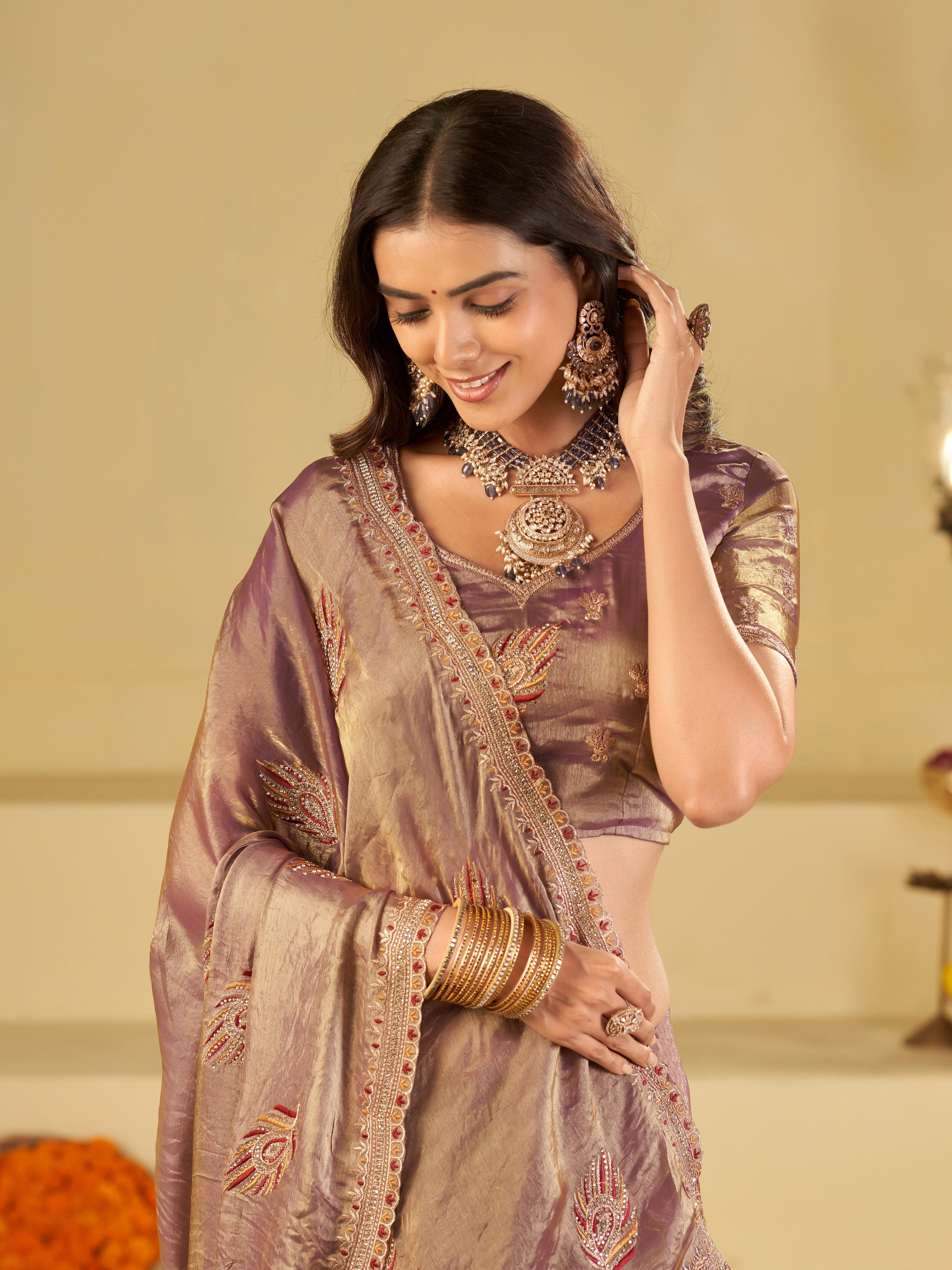 Lavender Designer Fendy Satin Saree with Embroidered Leaf Motifs & Elegant Lace Border | Premium Festive Party Wear Saree with Matching Blouse