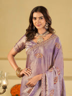 Lavender Purple Designer Fendy Satin Saree with Embroidered Leaf Motifs & Elegant Lace Border | Premium Festive Party Wear Saree with Matching Blouse