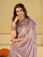 Lavender Purple Designer Fendy Satin Saree with Embroidered Leaf Motifs & Elegant Lace Border | Premium Festive Party Wear Saree with Matching Blouse