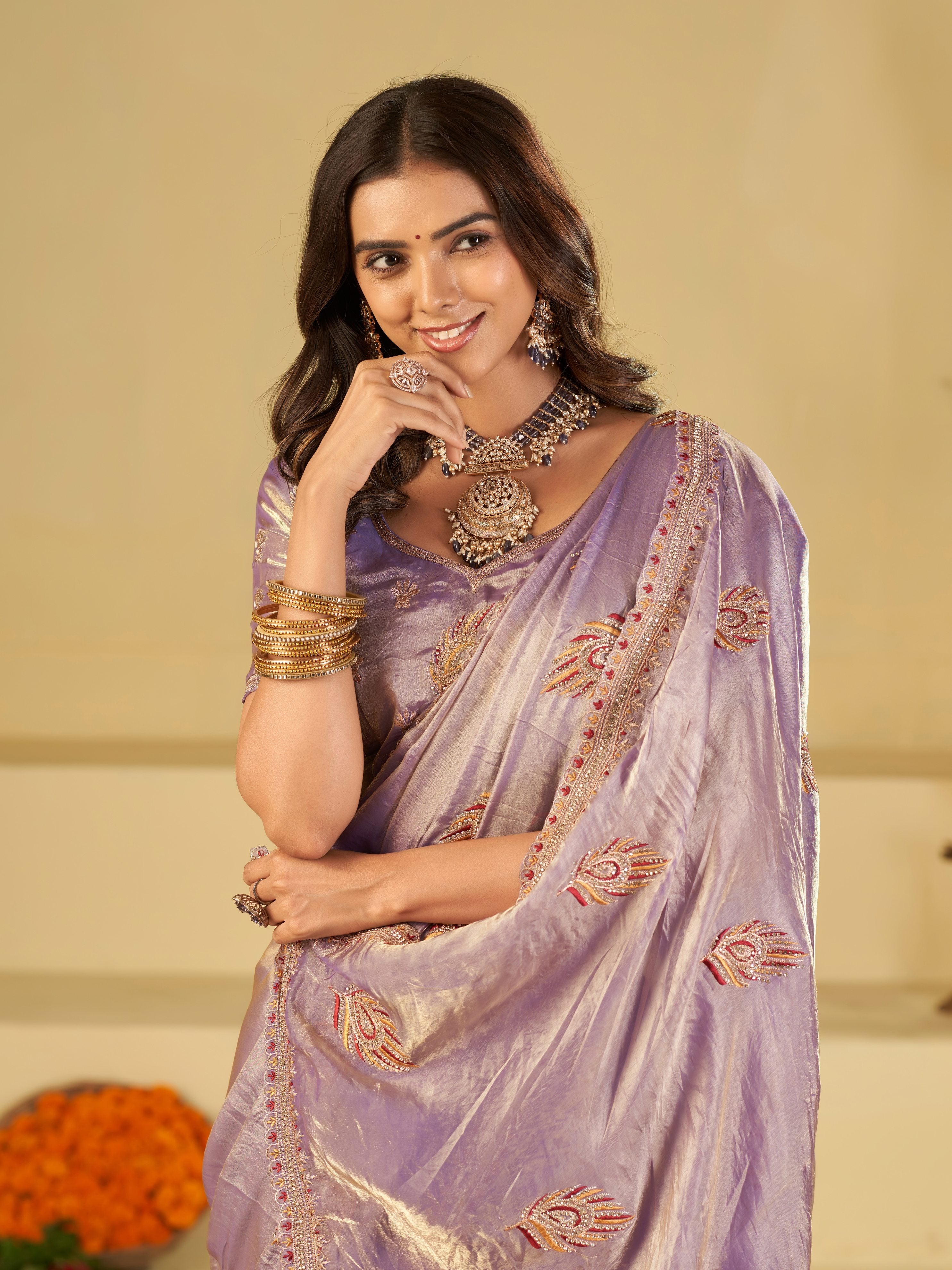 Lavender Purple Designer Fendy Satin Saree with Embroidered Leaf Motifs & Elegant Lace Border | Premium Festive Party Wear Saree with Matching Blouse
