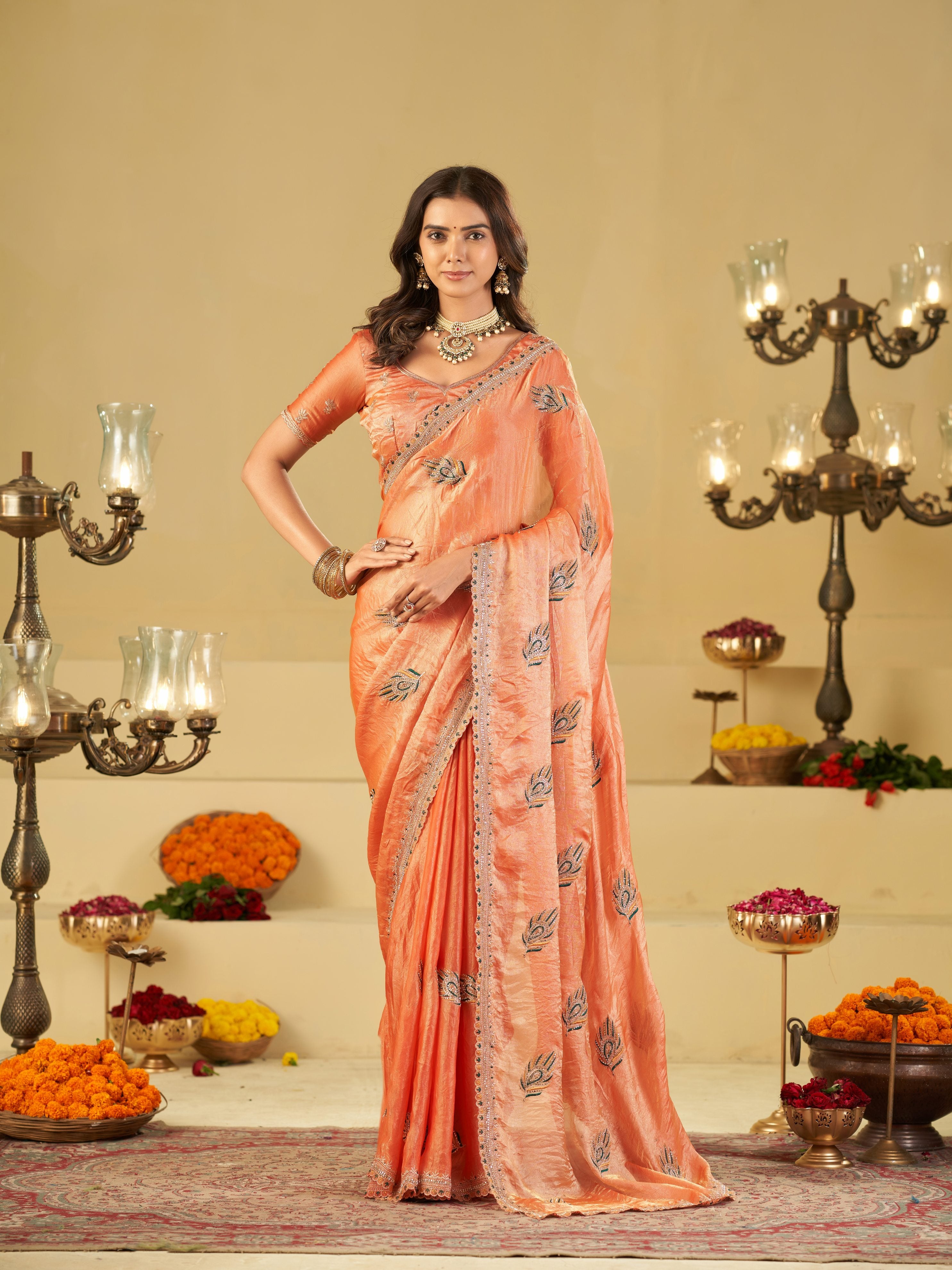 Peach Designer Fendy Satin Saree with Embroidered Leaf Motifs & Elegant Lace Border | Premium Festive Party Wear Saree with Matching Blouse