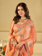 Peach Designer Fendy Satin Saree with Embroidered Leaf Motifs & Elegant Lace Border | Premium Festive Party Wear Saree with Matching Blouse