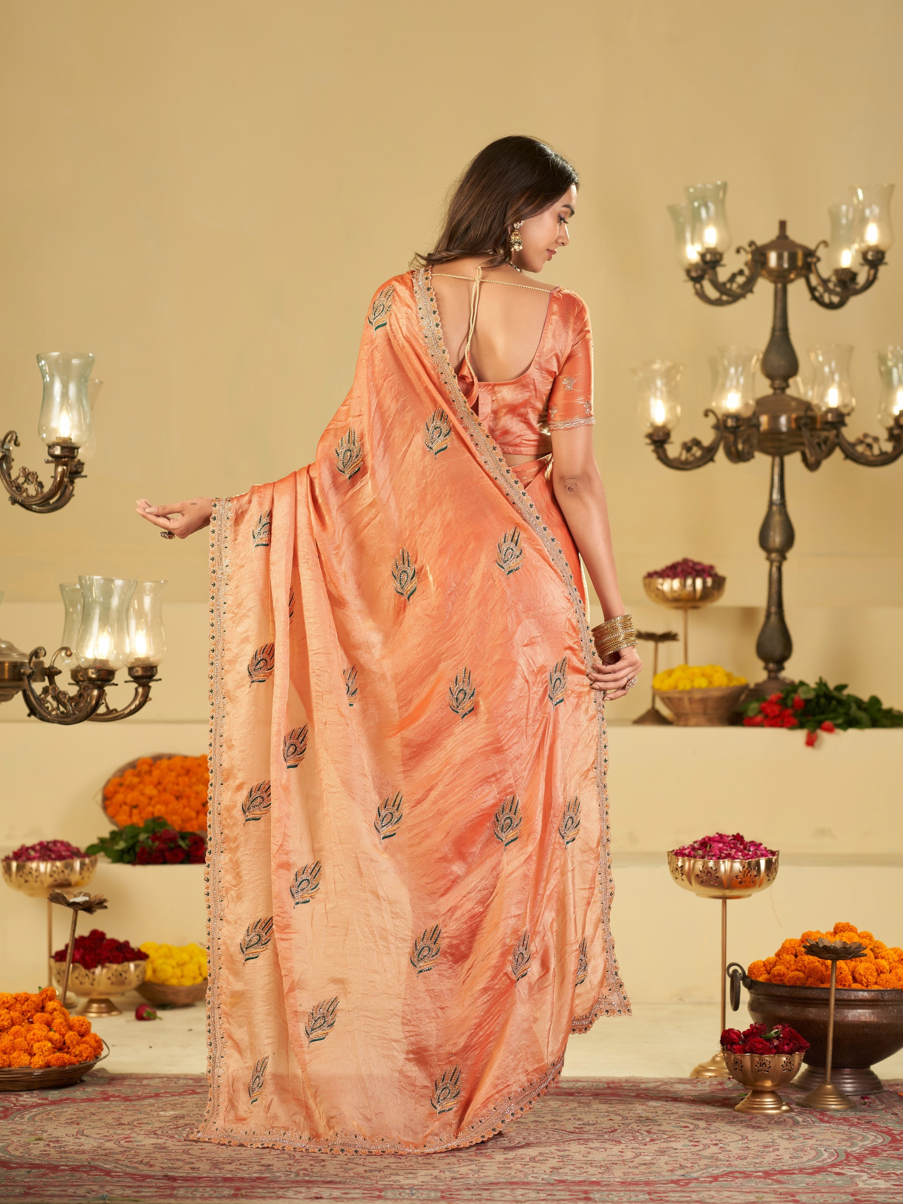Peach Designer Fendy Satin Saree with Embroidered Leaf Motifs & Elegant Lace Border | Premium Festive Party Wear Saree with Matching Blouse
