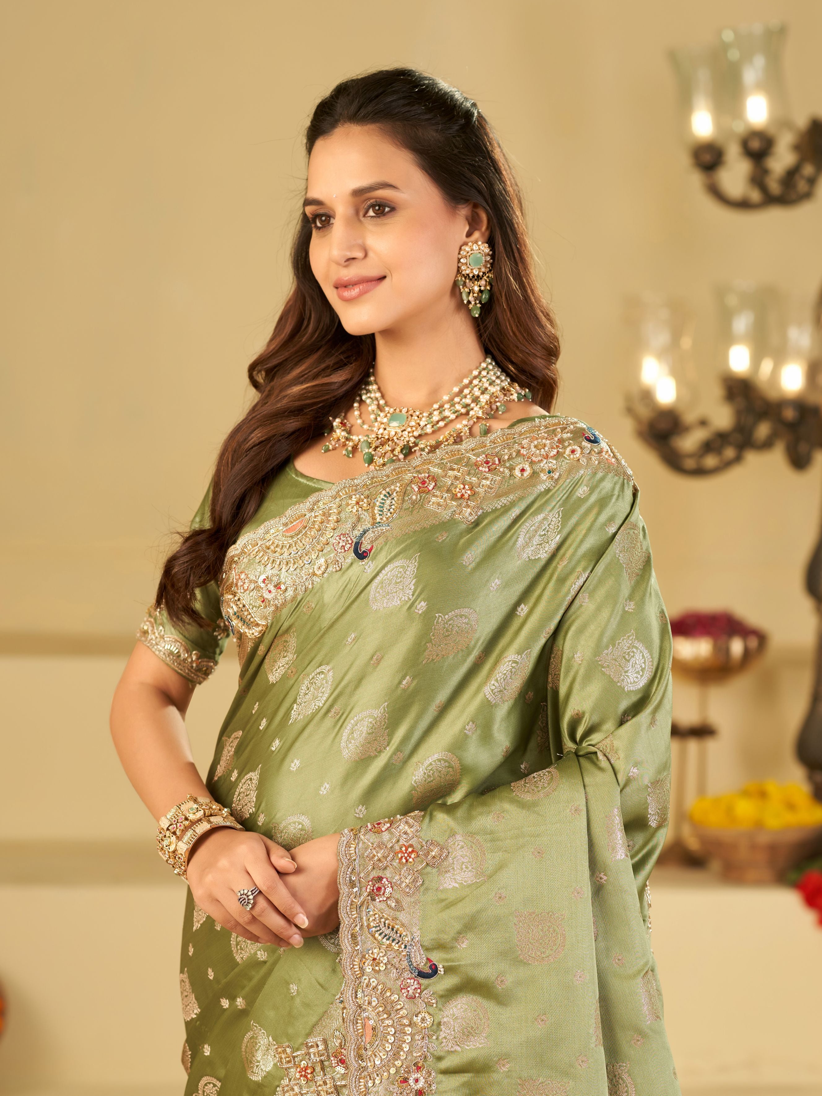 Sage Green Banarasi Silk Saree with Heavy Embroidered Scallop Border & Rich Zari Woven Pallu | Designer Wedding Festive Saree