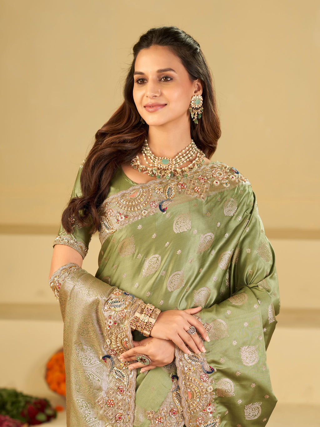 Sage Green Banarasi Silk Saree with Heavy Embroidered Scallop Border & Rich Zari Woven Pallu | Designer Wedding Festive Saree