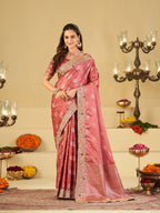 Rose Pink Banarasi Silk Saree with Heavy Embroidered Scallop Border & Rich Zari Woven Pallu | Designer Wedding Festive Saree