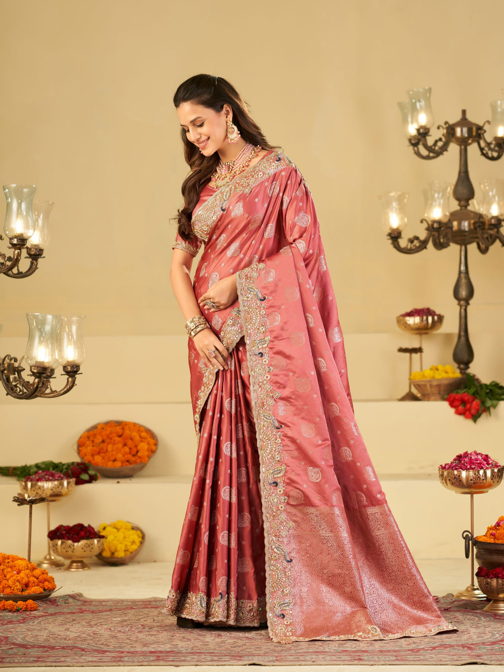 Rose Pink Banarasi Silk Saree with Heavy Embroidered Scallop Border & Rich Zari Woven Pallu | Designer Wedding Festive Saree