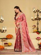 Rose Pink Banarasi Silk Saree with Heavy Embroidered Scallop Border & Rich Zari Woven Pallu | Designer Wedding Festive Saree