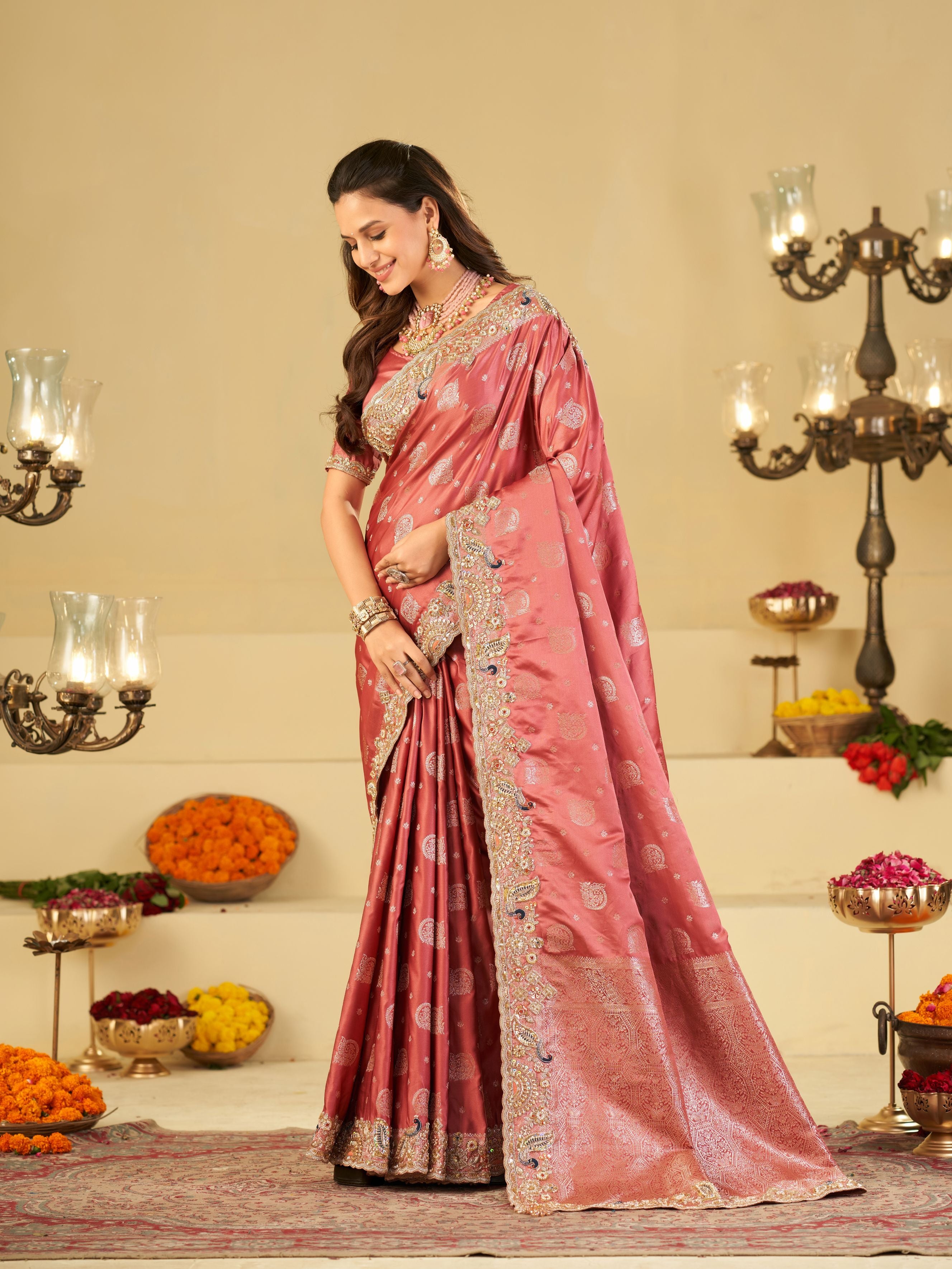 Rose Pink Banarasi Silk Saree with Heavy Embroidered Scallop Border & Rich Zari Woven Pallu | Designer Wedding Festive Saree