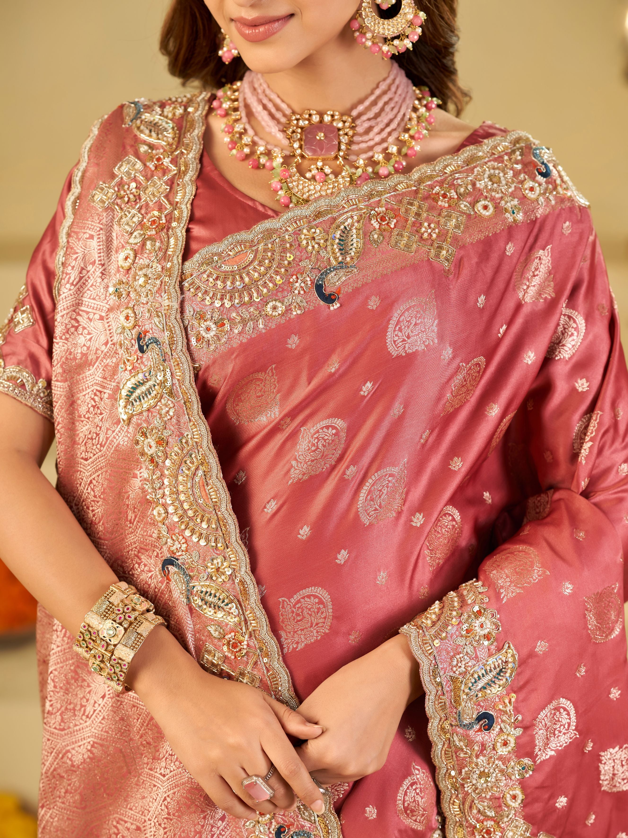 Rose Pink Banarasi Silk Saree with Heavy Embroidered Scallop Border & Rich Zari Woven Pallu | Designer Wedding Festive Saree