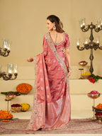 Rose Pink Banarasi Silk Saree with Heavy Embroidered Scallop Border & Rich Zari Woven Pallu | Designer Wedding Festive Saree