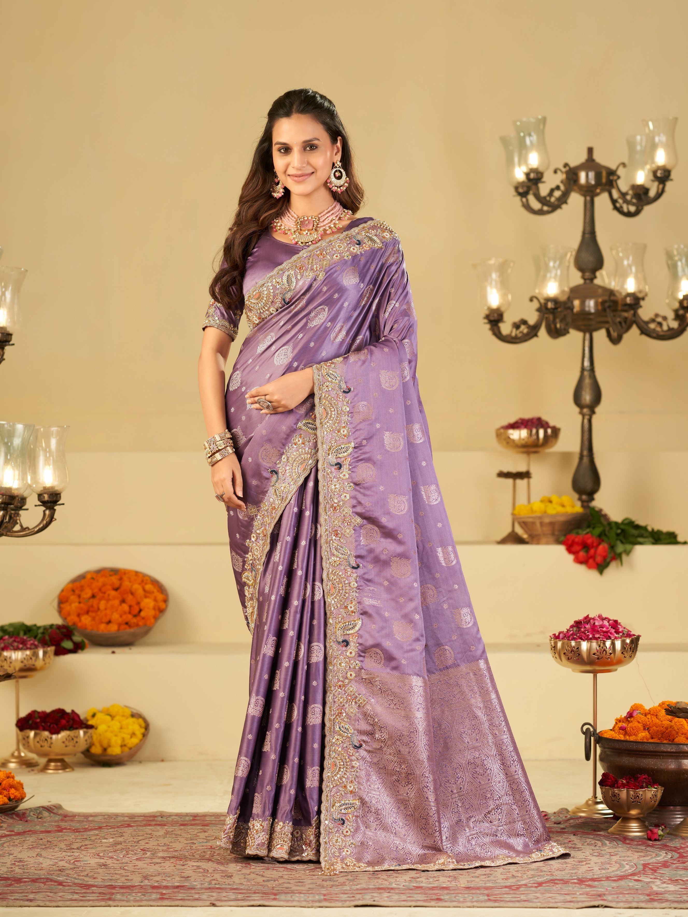 Lavender Purple Banarasi Silk Saree with Heavy Embroidered Scallop Border & Rich Zari Woven Pallu | Designer Wedding Festive Saree