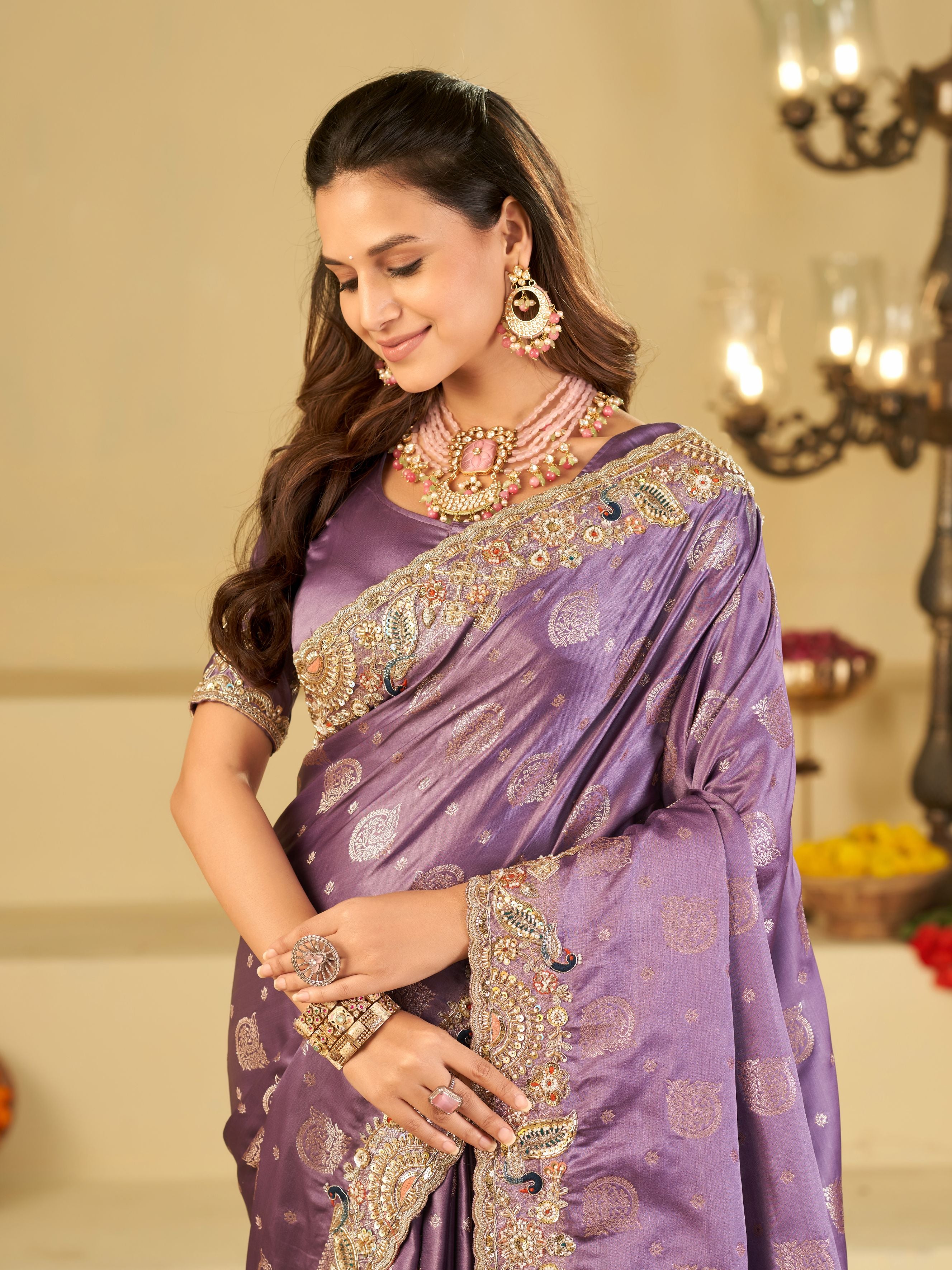 Lavender Purple Banarasi Silk Saree with Heavy Embroidered Scallop Border & Rich Zari Woven Pallu | Designer Wedding Festive Saree