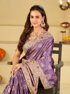 Lavender Purple Banarasi Silk Saree with Heavy Embroidered Scallop Border & Rich Zari Woven Pallu | Designer Wedding Festive Saree