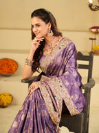 Lavender Purple Banarasi Silk Saree with Heavy Embroidered Scallop Border & Rich Zari Woven Pallu | Designer Wedding Festive Saree