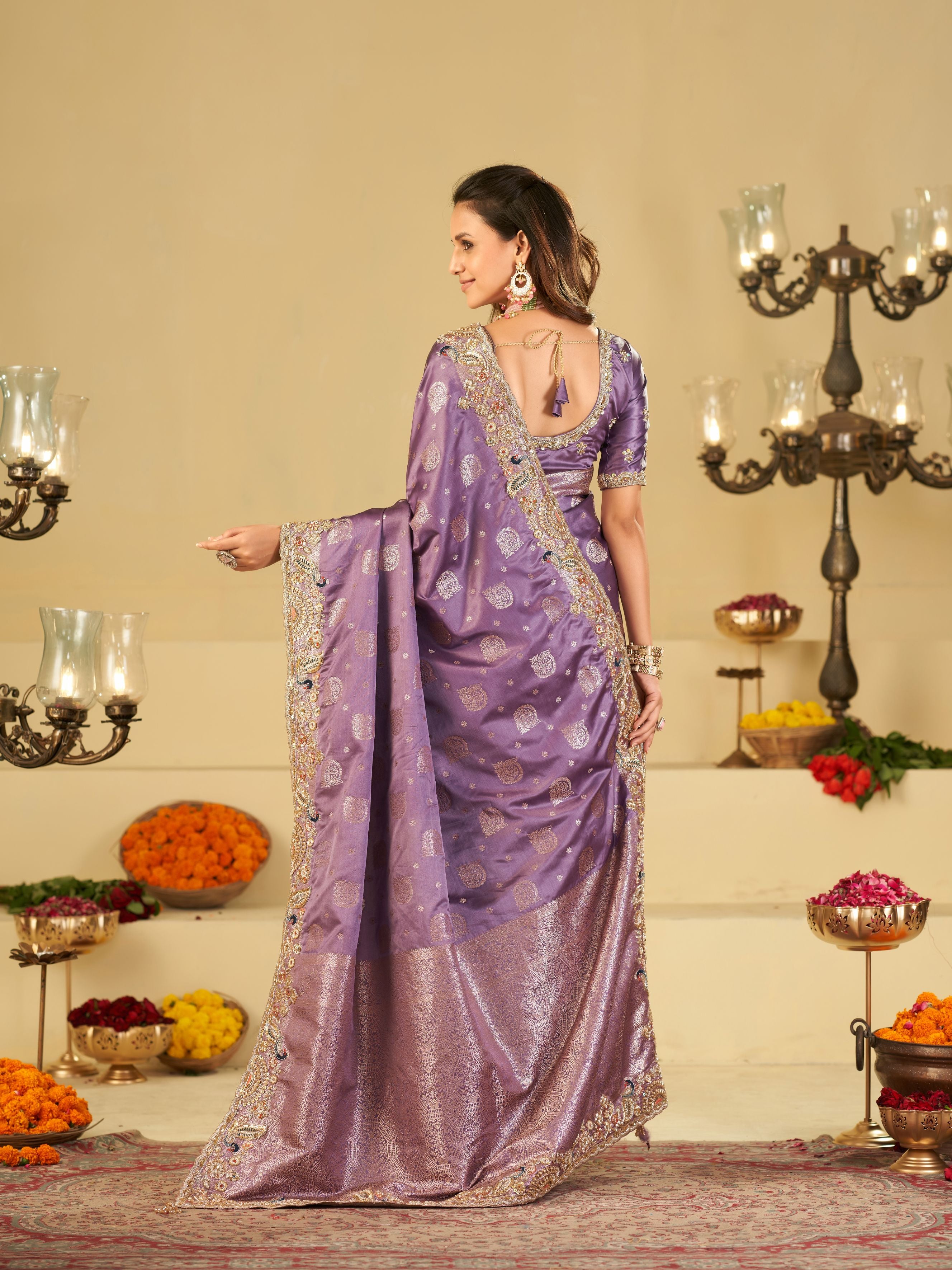 Lavender Purple Banarasi Silk Saree with Heavy Embroidered Scallop Border & Rich Zari Woven Pallu | Designer Wedding Festive Saree