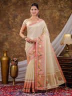 Ivory Khadi Cotton Saree with Zari Woven Border, Pink Heritage Printed Pallu, Designer Tassels & Matching Blouse Piece