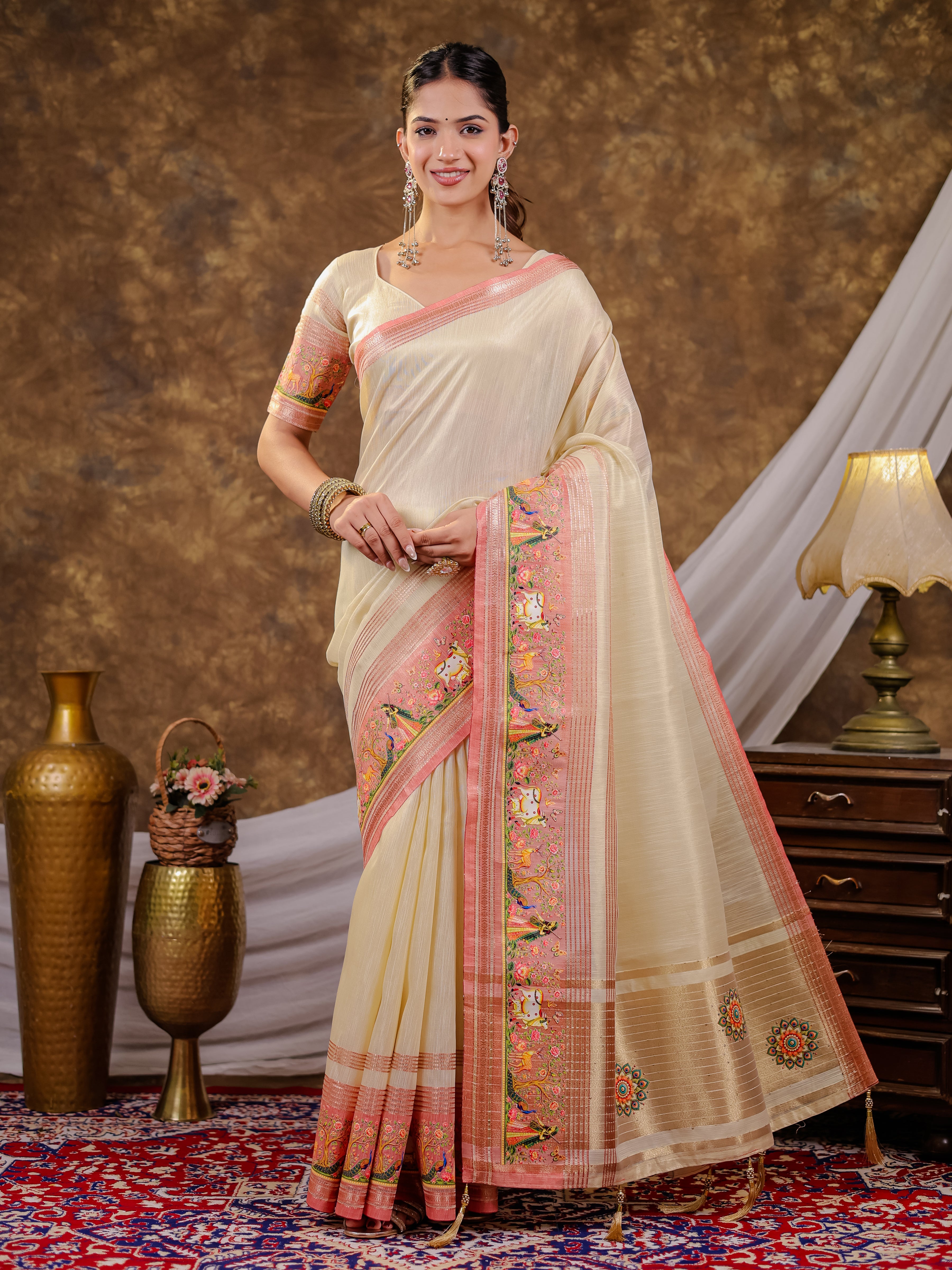 Ivory Khadi Cotton Saree with Zari Woven Border, Pink Heritage Printed Pallu, Designer Tassels & Matching Blouse Piece