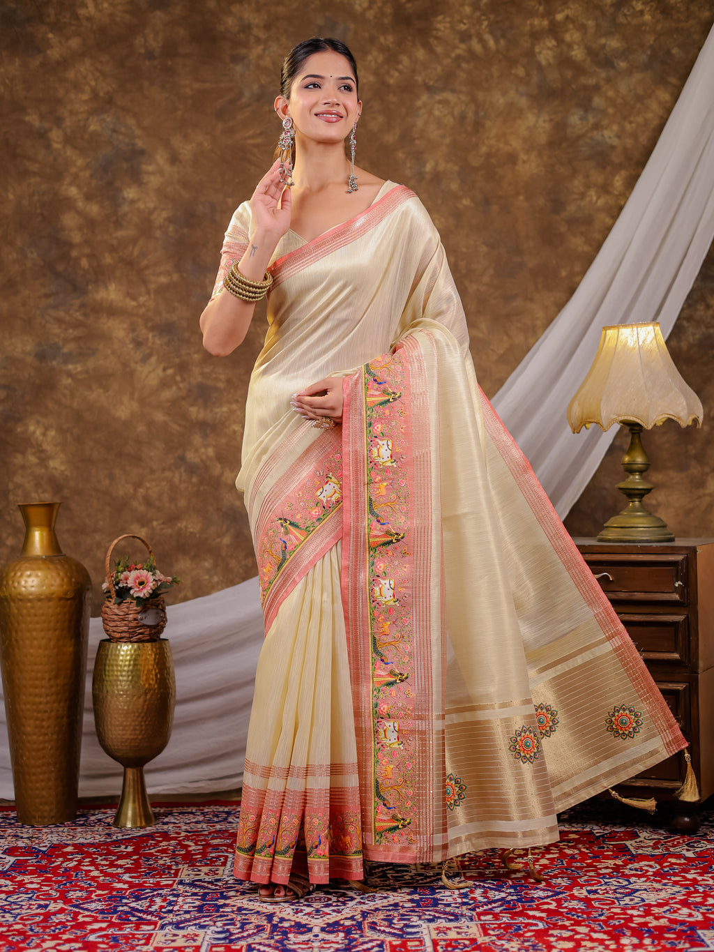 Ivory Khadi Cotton Saree with Zari Woven Border, Pink Heritage Printed Pallu, Designer Tassels & Matching Blouse Piece