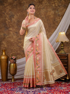 Ivory Khadi Cotton Saree with Zari Woven Border, Pink Heritage Printed Pallu, Designer Tassels & Matching Blouse Piece