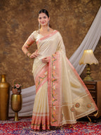 Ivory Khadi Cotton Saree with Zari Woven Border, Pink Heritage Printed Pallu, Designer Tassels & Matching Blouse Piece
