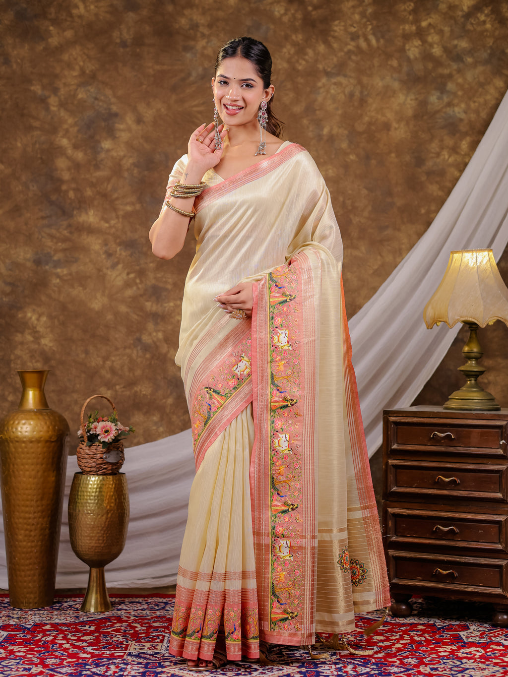 Ivory Khadi Cotton Saree with Zari Woven Border, Pink Heritage Printed Pallu, Designer Tassels & Matching Blouse Piece
