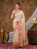 Ivory Khadi Cotton Saree with Zari Woven Border, Pink Heritage Printed Pallu, Designer Tassels & Matching Blouse Piece