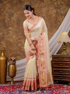Ivory Khadi Cotton Saree with Zari Woven Border, Pink Heritage Printed Pallu, Designer Tassels & Matching Blouse Piece