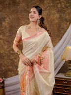 Ivory Khadi Cotton Saree with Zari Woven Border, Pink Heritage Printed Pallu, Designer Tassels & Matching Blouse Piece
