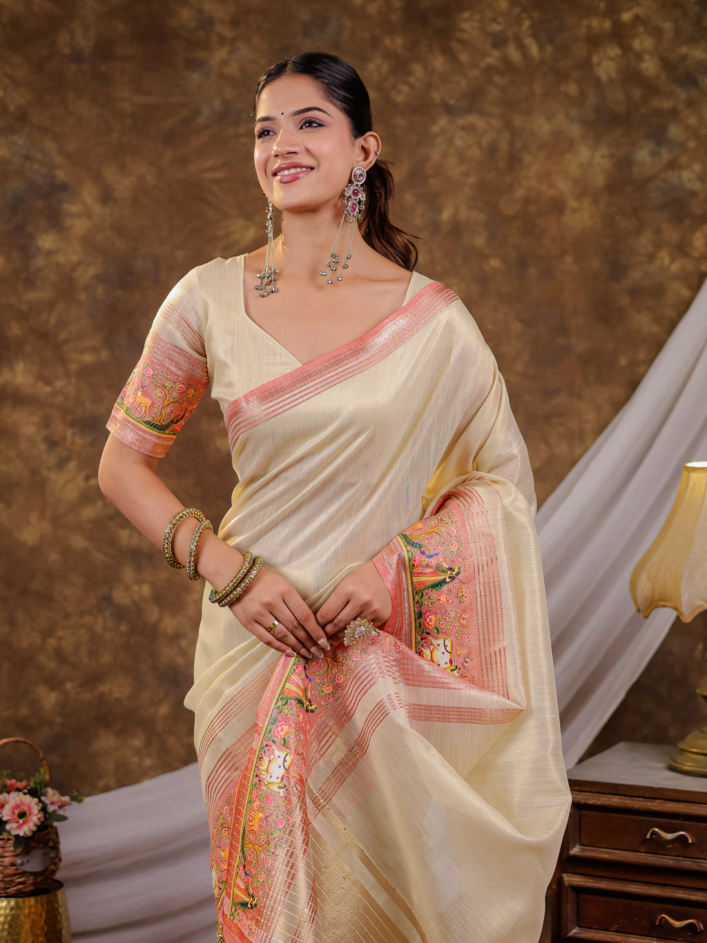 Ivory Khadi Cotton Saree with Zari Woven Border, Pink Heritage Printed Pallu, Designer Tassels & Matching Blouse Piece