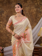 Ivory Khadi Cotton Saree with Zari Woven Border, Pink Heritage Printed Pallu, Designer Tassels & Matching Blouse Piece