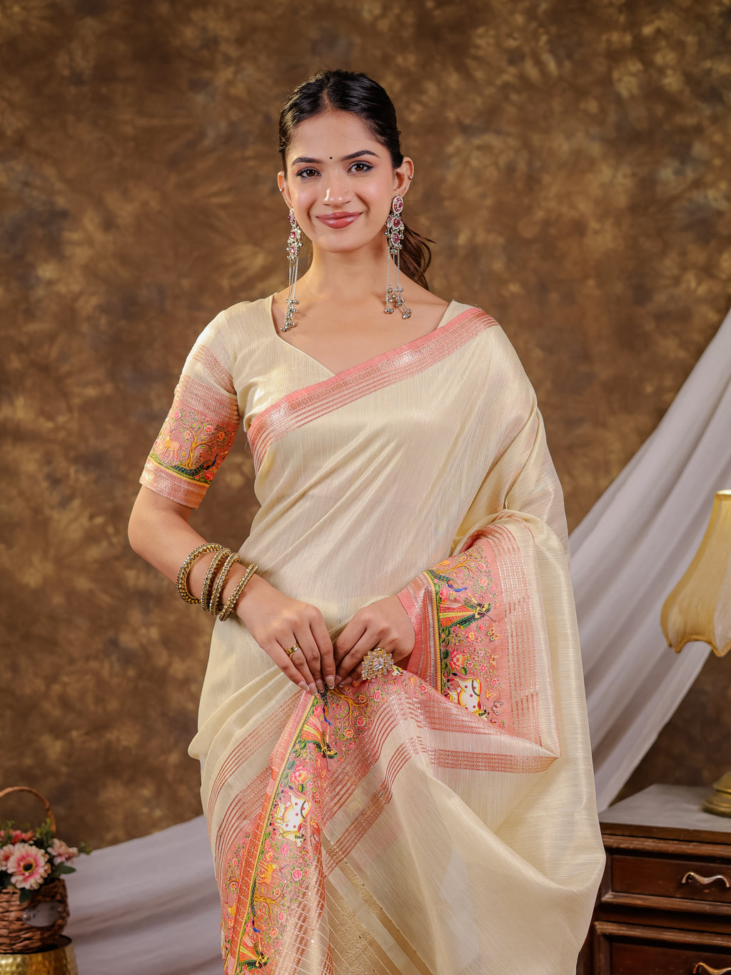 Ivory Khadi Cotton Saree with Zari Woven Border, Pink Heritage Printed Pallu, Designer Tassels & Matching Blouse Piece
