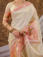 Ivory Khadi Cotton Saree with Zari Woven Border, Pink Heritage Printed Pallu, Designer Tassels & Matching Blouse Piece