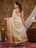 Ivory Khadi Cotton Saree with Zari Woven Border, Pink Heritage Printed Pallu, Designer Tassels & Matching Blouse Piece